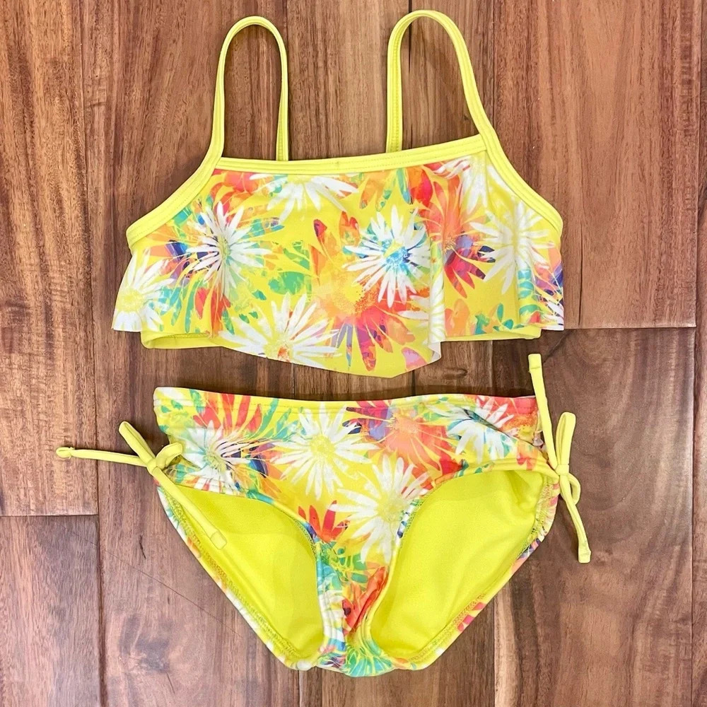 Cat & Jack Girls Swimsuits Yellow Floral 2 Piece & Leopard Print 1 Piece Size 4 - Picture 3 of 16